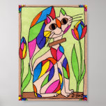 Rainbow Art Deco Cat Mini Modern Art Poster<br><div class="desc">Dekorieren Sie Ihre Wände stilvoll mit diesem einzigartigen Mini-Poster der modernen Kunst. In diesem niedlichen, skurrilen Kunstwerk sitzt diese braun-mit Augen Katze auf einer braunen Oberfläche vor einem blassgrünen Hintergrund und zeigt ihre außergewöhnlich kontrastreichen, regenbogenfarbenen Markierungen in geometrischen Formen mit einem kunstvollen Deko, das an Blätter oder Blume erinnert. Sie...</div>