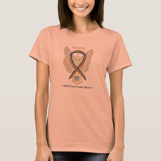 Rainbow Awareness Ribbon Engel Custom Ursache Shir T-Shirt (Vorderseite)