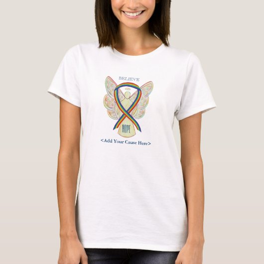 Rainbow Awareness Ribbon Engel Custom Ursache Shir T-Shirt (Vorderseite)