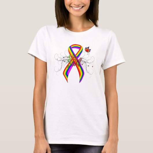 Rainbow Awareness Ribbon mit Butterfly T-Shirt (Vorderseite)