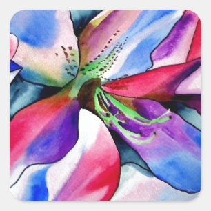 Rainbow Azalea Blume Original Aquarellmalerei Quadratischer Aufkleber