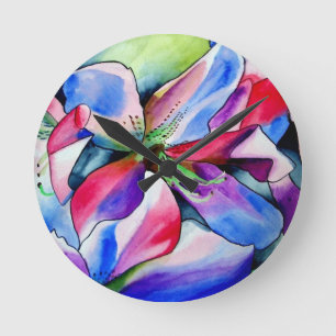 Rainbow Azalea Blume Original Aquarellmalerei Runde Wanduhr