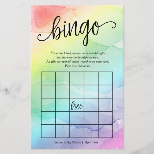 Rainbow Baby Bingo Paper Game Card Flyer (Vorne)