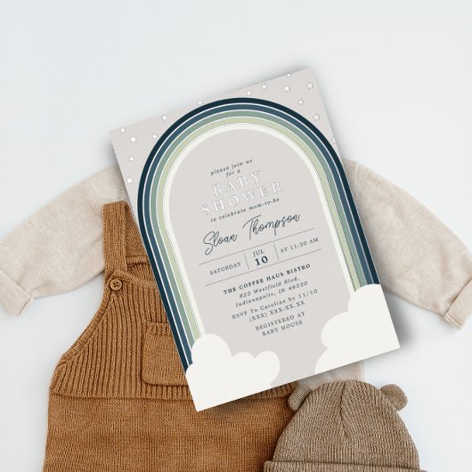 Rainbow Baby Dusche Blue Green Boy Silver Folieneinladung