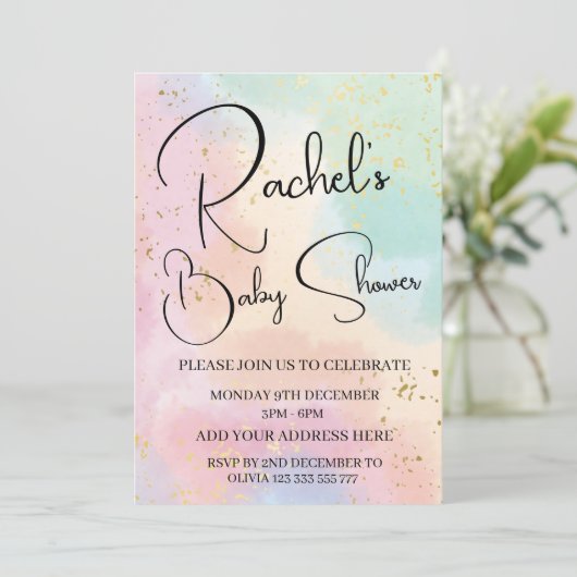 Rainbow Baby Dusche Farbenfrohe Wasserfarbe Einladung (Stehend Vorderseite)