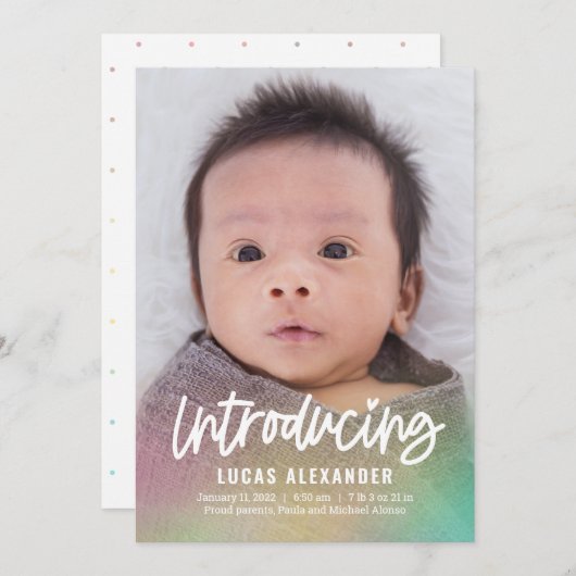 Rainbow Baby Modern Birth Ankündigung (Vorne/Hinten)