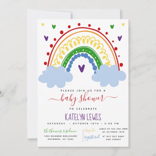 Rainbow Baby Shower Einladung in Primärfarben (Vorderseite)