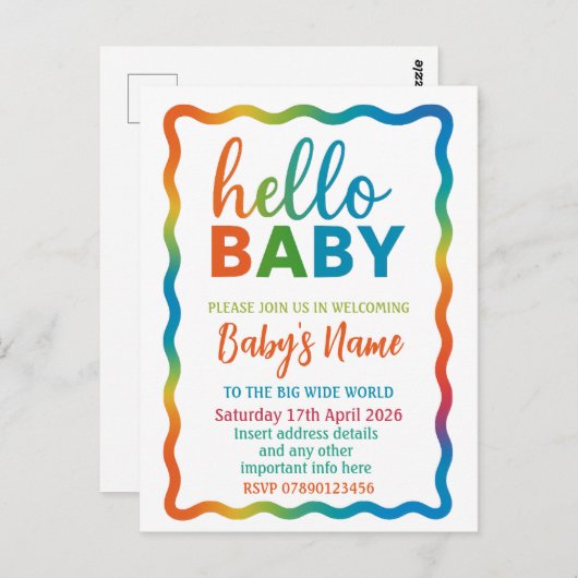 Rainbow-Babydusche personalisiert einladen Postkarte (Vorne/Hinten)