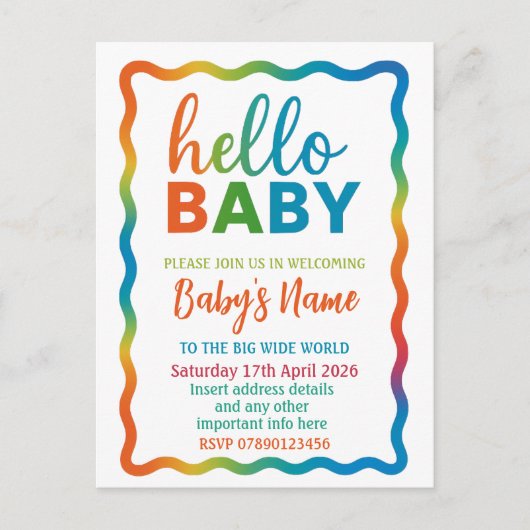 Rainbow-Babydusche personalisiert einladen Postkarte (Vorderseite)