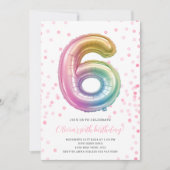 Rainbow Balloon 6th Birthday Girl Party Number Einladung (Vorderseite)