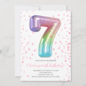 Rainbow Balloon 7th Birthday Girl Party Number Einladung (Vorderseite)