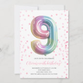 Rainbow Balloon 9th Birthday Girl Party Number Einladung (Vorderseite)
