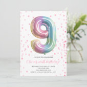 Rainbow Balloon 9th Birthday Girl Party Number Einladung (Stehend Vorderseite)