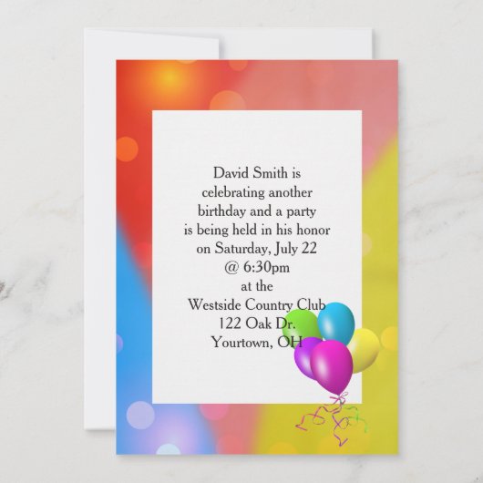 Rainbow Balloon Bokeh Invite Einladung (Rückseite)