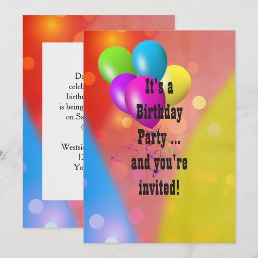 Rainbow Balloon Bokeh Invite Einladung (Vorne/Hinten)