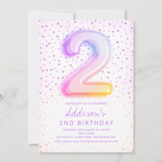 Rainbow Balloon Letter Number Two Birthday Einladung (Vorderseite)