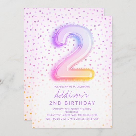 Rainbow Balloon Letter Number Two Birthday Einladung (Vorne/Hinten)