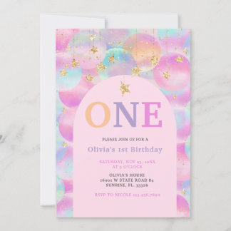 Rainbow Balloon Pink Arch 1. Geburtstag Party Einladung