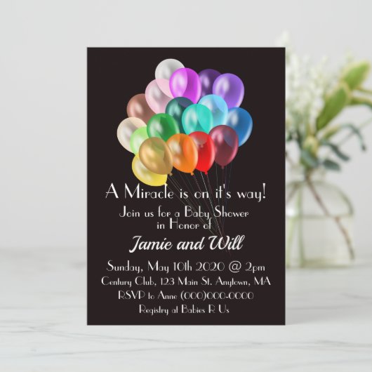 Rainbow Balloons Kinderdusche Einladung (Stehend Vorderseite)