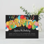 Rainbow Balloons Kindergeburtstag Party Black Einladung (Stehend Vorderseite)