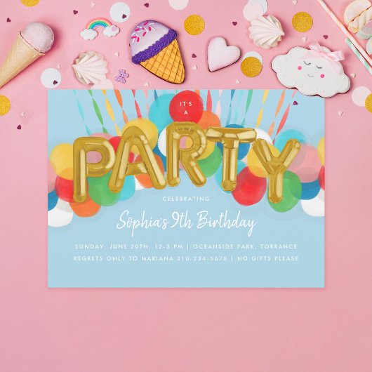 Rainbow Balloons Kindergeburtstag Party Sky Blue Einladung