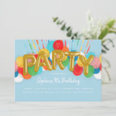 Rainbow Balloons Kindergeburtstag Party Sky Blue Einladung (Stehend Vorderseite)