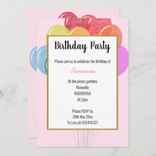 Rainbow Balloons PINK Geburtstag Einladung (Vorne/Hinten)