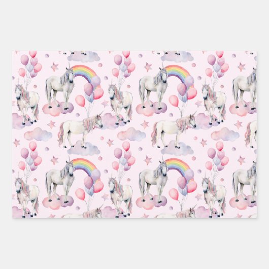 Rainbow Balloons Unicorn Pink Birthday Party Girl Geschenkpapier Set (Vorderseite 3)