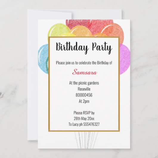 Rainbow Balloons White Geburtstag Einladung (Vorderseite)