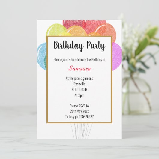 Rainbow Balloons White Geburtstag Einladung (Stehend Vorderseite)