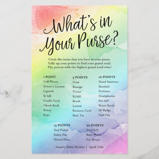 Rainbow Bingo-What's in Purse, 2-in-1 Game Card (Rückseite)