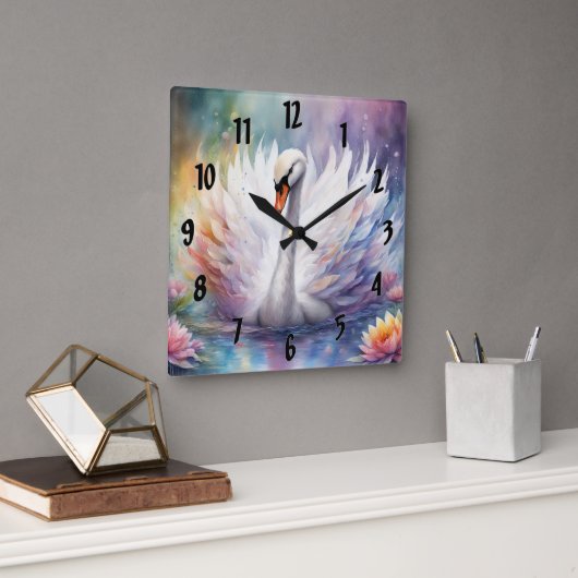 Rainbow Birds Swan 1 Quadratische Wanduhr (Büro)