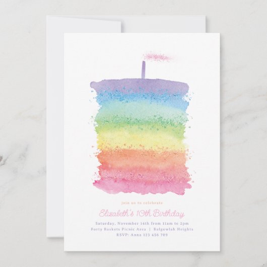 Rainbow Birthday Cake Invite, Rainbow 1. Party Einladung (Vorderseite)