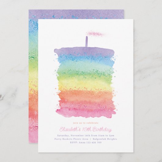 Rainbow Birthday Cake Invite, Rainbow 1. Party Einladung (Vorne/Hinten)