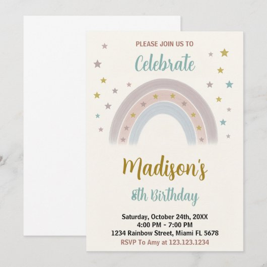 Rainbow Birthday Einladung (Vorne/Hinten)