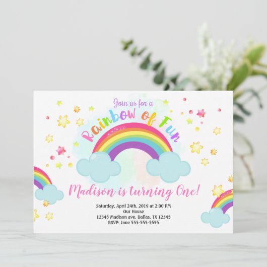 Rainbow Birthday Einladung, Regenbogen des Fun Inv Einladung (Stehend Vorderseite)