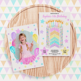 Rainbow Birthday Party Cake mit Foto für Mädchen Einladung