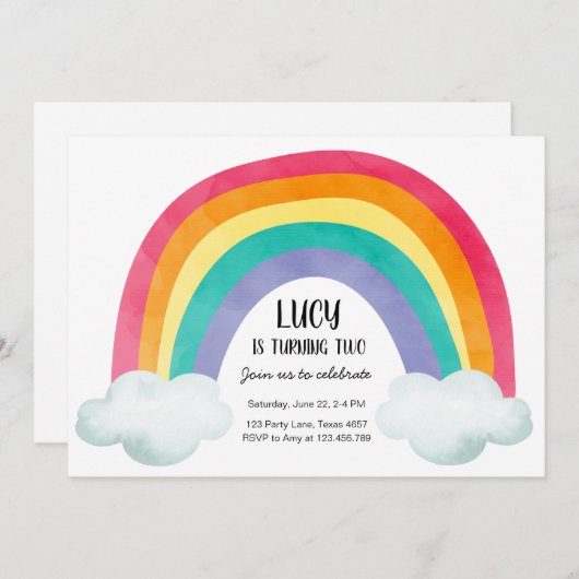 Rainbow Birthday Party Clouds Watercolor Girl Einladung (Vorne/Hinten)