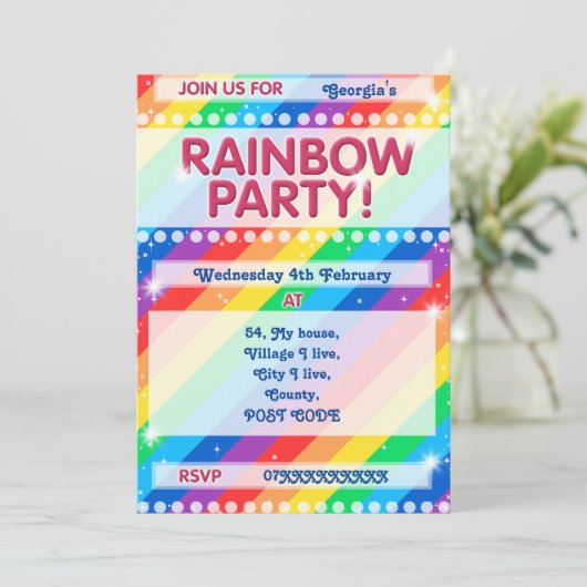 Rainbow Birthday Party Einladung anpassbar (Stehend Vorderseite)