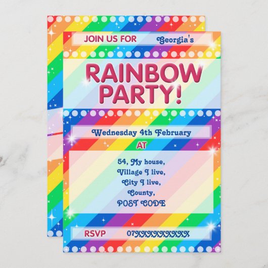 Rainbow Birthday Party Einladung anpassbar (Vorne/Hinten)