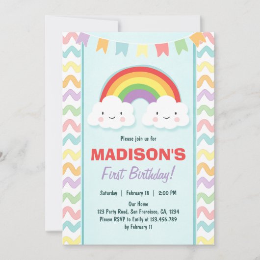 Rainbow Birthday Party Einladung Girl Clouds (Vorderseite)