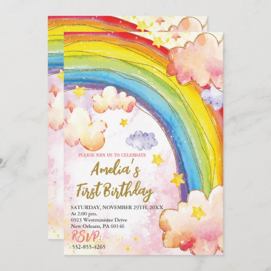 Rainbow Birthday Party Einladung, Mädchen Geburtst Einladung (Vorne/Hinten)