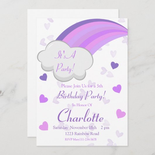 Rainbow Birthday, Rainbow-Party, Lila Regenbogen Einladung (Vorne/Hinten)