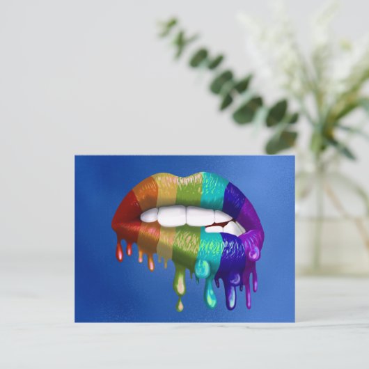 Rainbow Bitten Dripping lips Pride Postkarte (Stehend Vorderseite)