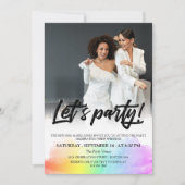 Rainbow Black Brush Script Let's Party Foto Einladung (Vorderseite)