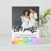 Rainbow Black Brush Script Let's Party Foto Einladung (Stehend Vorderseite)