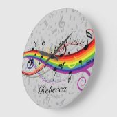 Rainbow Black Musical Notes auf Grau Große Wanduhr (Winkel)