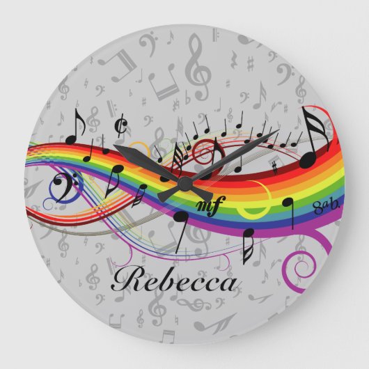 Rainbow Black Musical Notes auf Grau Große Wanduhr (Vorderseite)