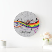 Rainbow Black Musical Notes auf Grau Große Wanduhr (Zuhause)