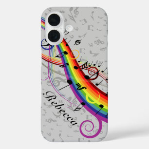 Rainbow Black Musical Notes on Grau iPhone 16 Hülle